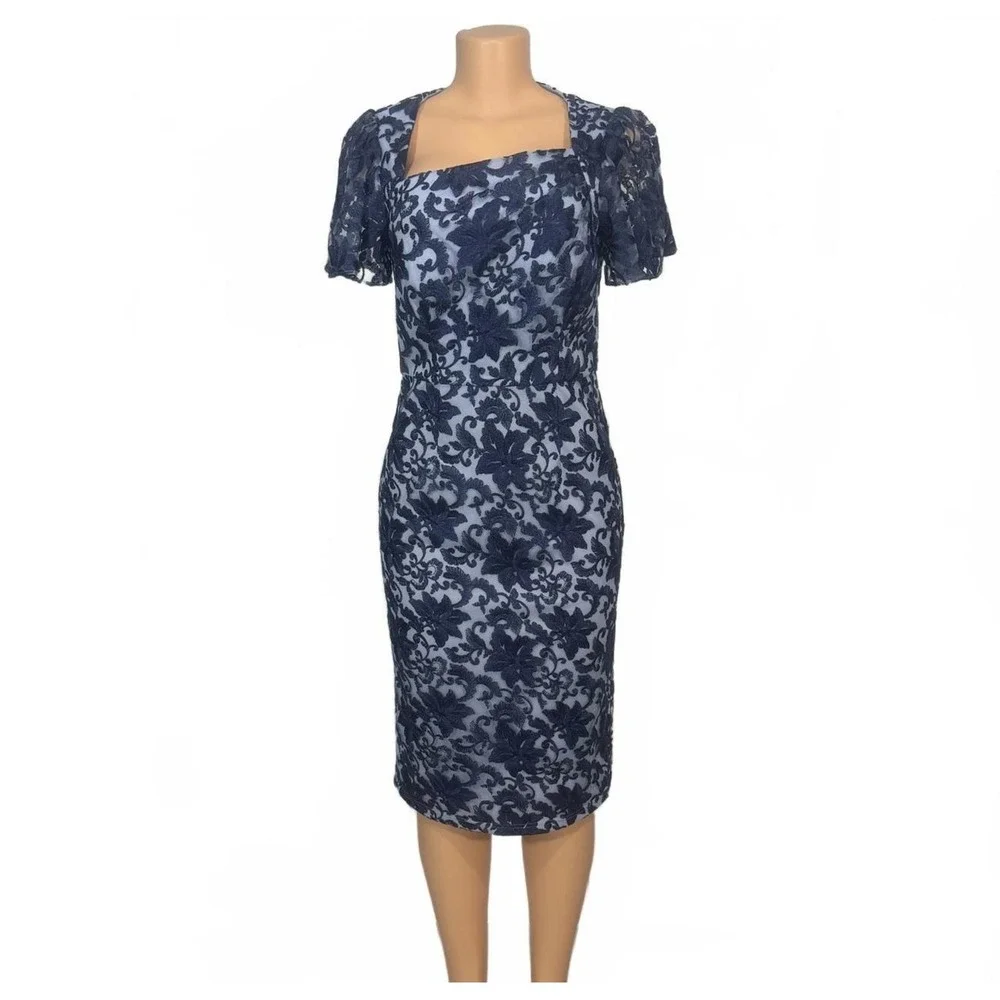 JS Collections Navy Lace Overlay Square Neck‎ Dress Short Flutter Sleeves Size 4